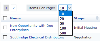 items per page drop down box